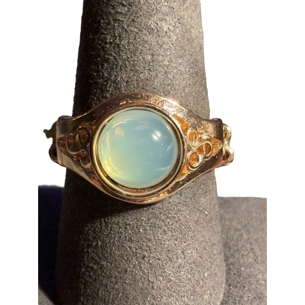 Vintage Ring Faux Opal Gold Tone Adjustable Stretch Round Open Work Textured